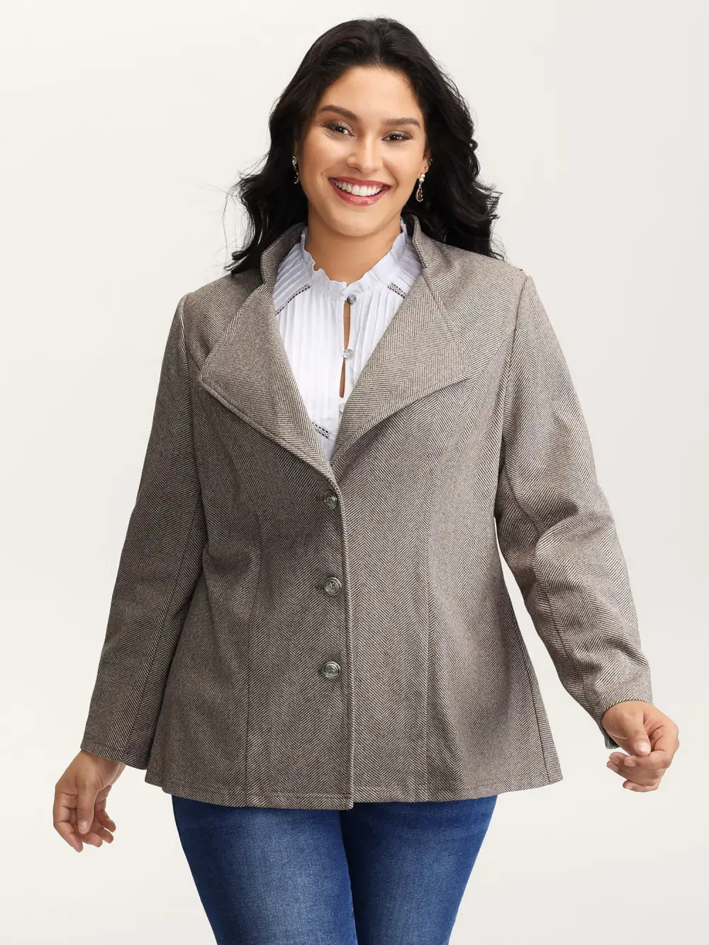 Herringbone Pattern Cinched-Waist Jacket