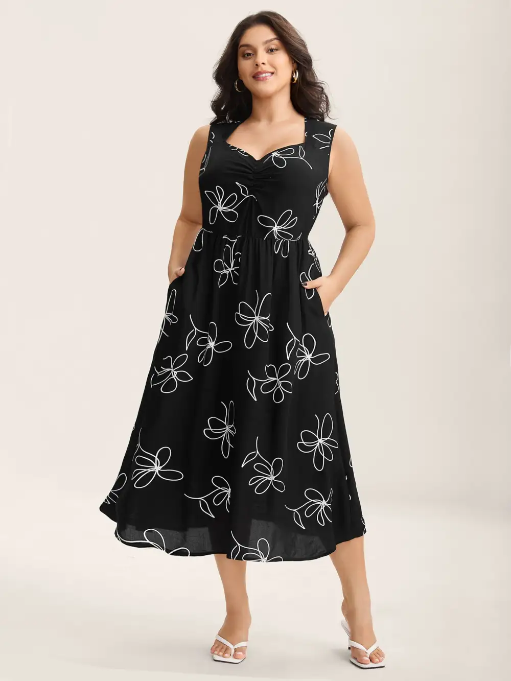 Rayon Floral Stretchy Waist Midi Dress