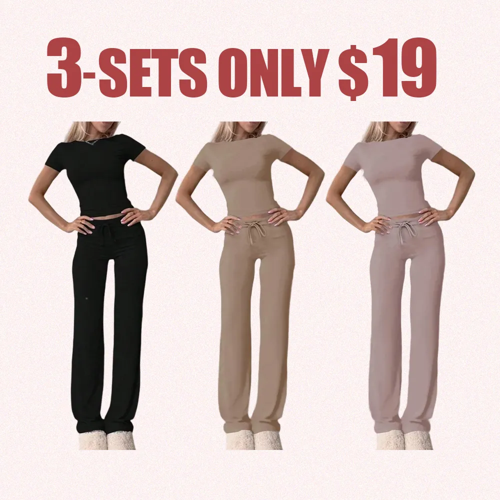Women's Cozy Loungewear Set – Crew Neck Short Sleeve Top & Drawstring Pants, Suitable for All Seasons