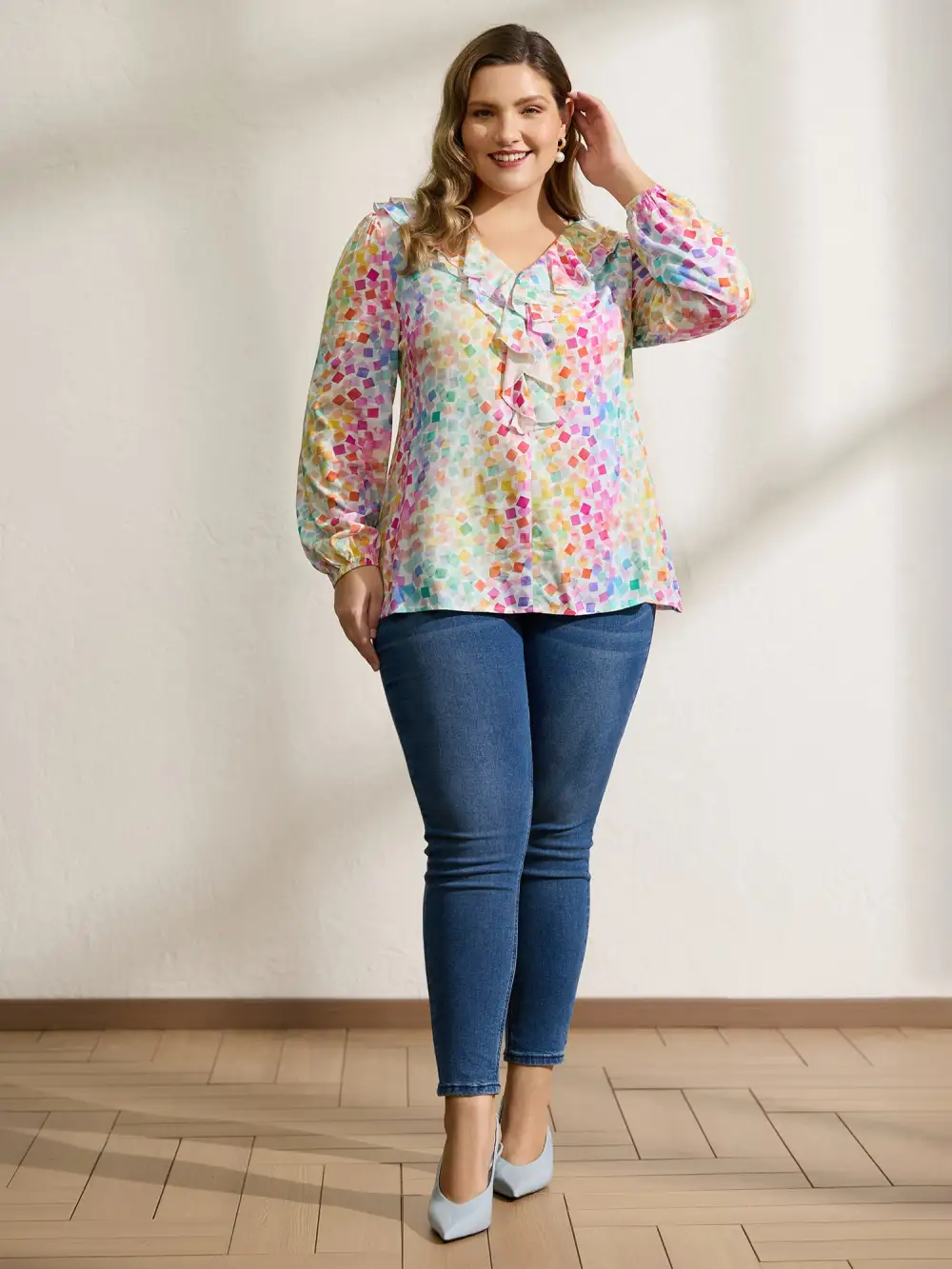 Ruffled Neckline Colorful Geometric Rayon Blouse