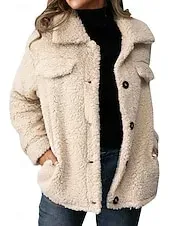 Women's Sherpa Jacket Comfortable Breathable Pocket Buttons Casual Plain Vacation Street Casual Daily Wear Single Breasted Short Turndown Regular Fit Long Sleeve Outerwear Khaki Army Green Dark Gray