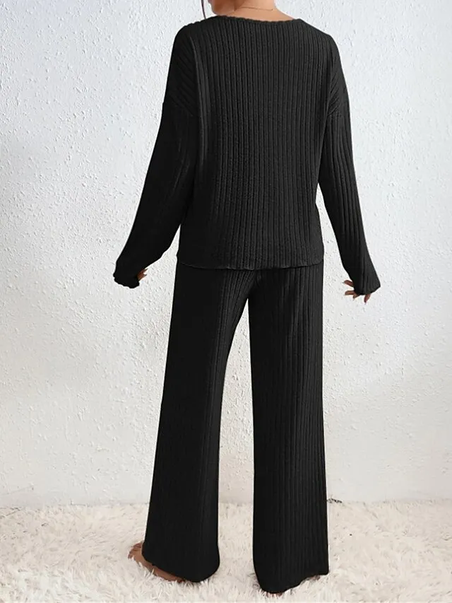 Women's Loungewear Sets Pure Color Casual Comfort Soft Home Daily Vacation Polyester Breathable V Wire Long Sleeve Sweater Pant Fall Winter Black Brown