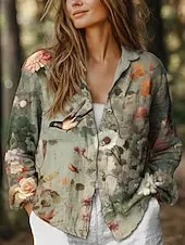 Women's Shirt Button Down Tunic Shirt Collar Long Sleeve Floral Graphic Stylish Casual Linen Like Regular Tops Daily Holiday Going out s Blue Green Spring