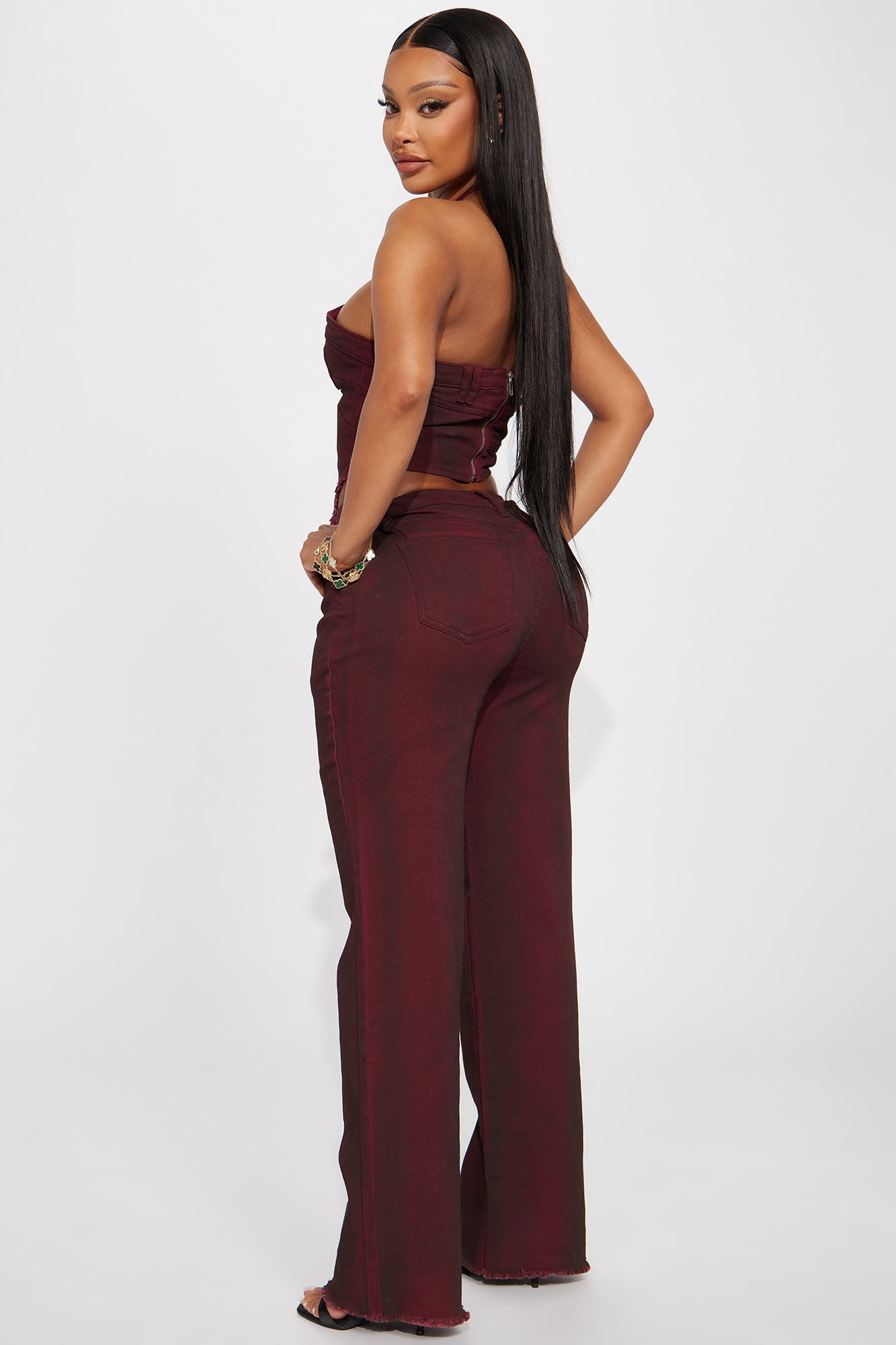 Next Level Washed Denim Pant Set - Wine
