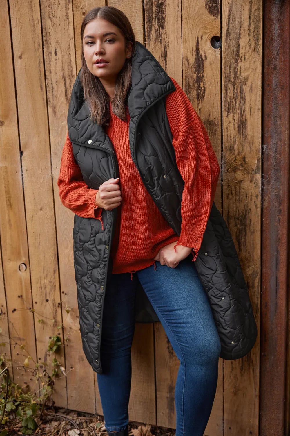 YOURS Curve Black Funnel Neck Quilted Longline Gilet