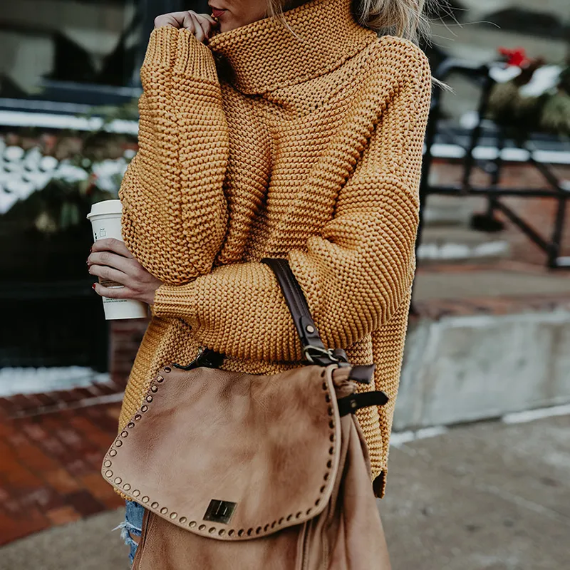 Solid Color High Neck Pullover Knitted Sweater