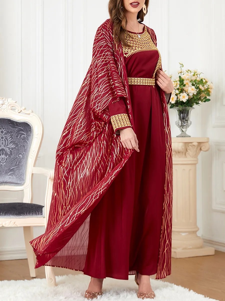 Round neck embroidery and gold stamping long sleeved dress cardigan two-piece set