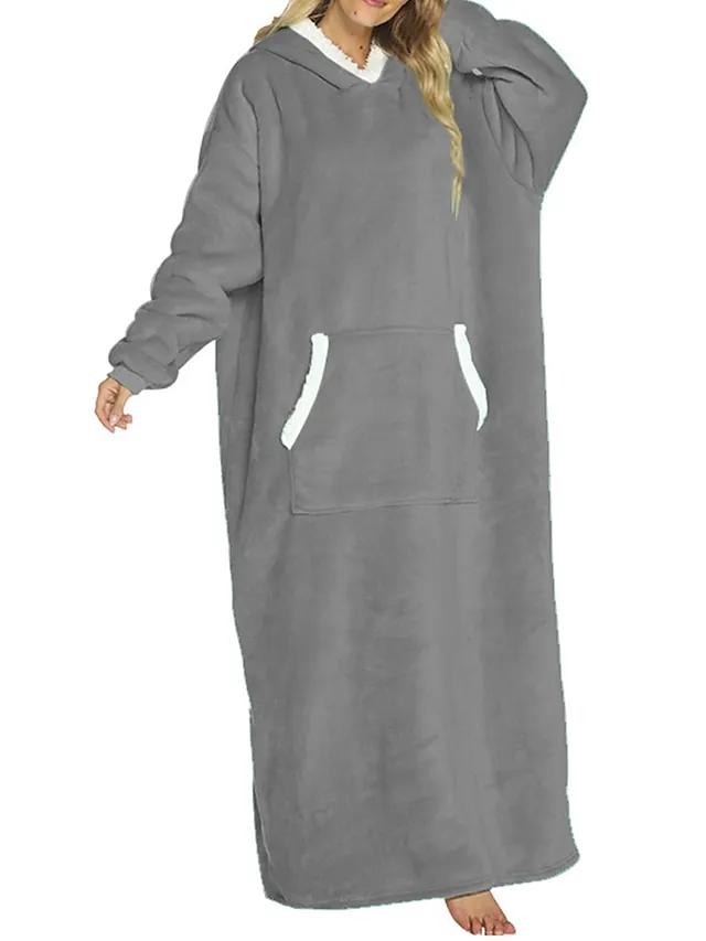 Women's Wearable Blanket Hoodie Blanket Pajama Loungewear Pure Color Warm Plush Casual Home Daily Bed Flannel Warm Breathable Hoodie Long Sleeve Pocket Fall Winter Lake blue Black