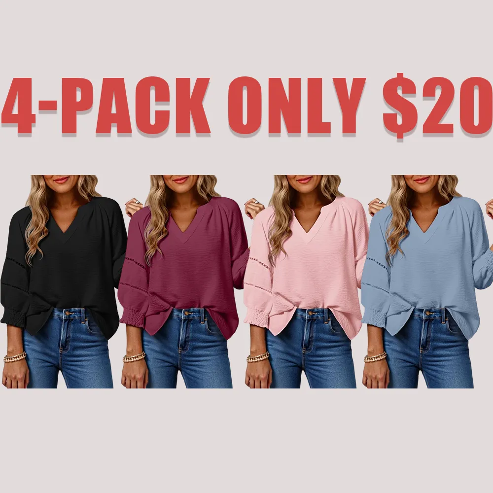 Women's Casual V-Neck Hollow-Out Blouse (3/4 Sleeve, Soft Breathable)