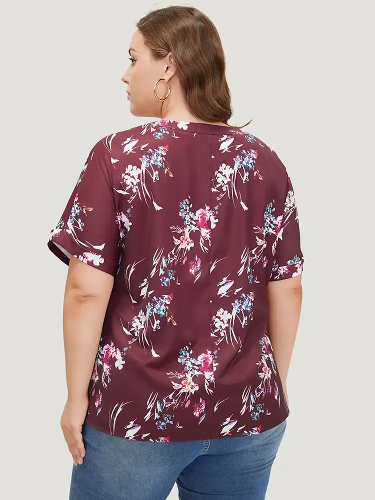 Floral Roll Batwing Sleeve Notched Neck Blouse