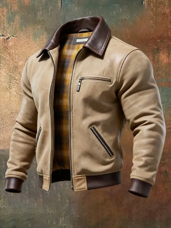 Men's Vintage Suede Leather Stitching Warm Multi-Pocket Outdoor Jacket