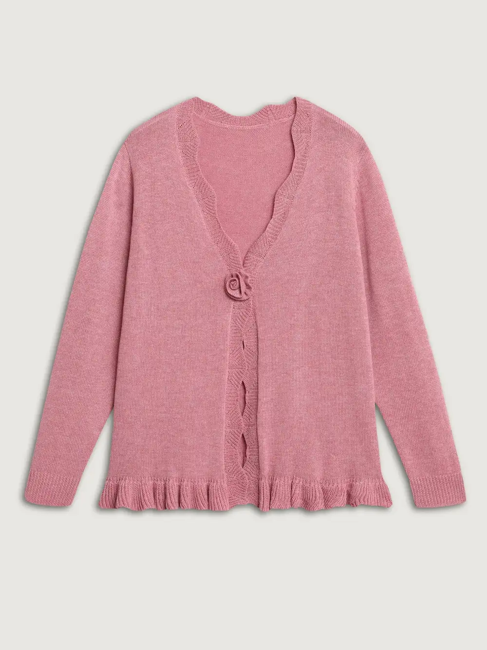 Supersoft Textured Floral Button Ruffled Hem Knit Cardigan