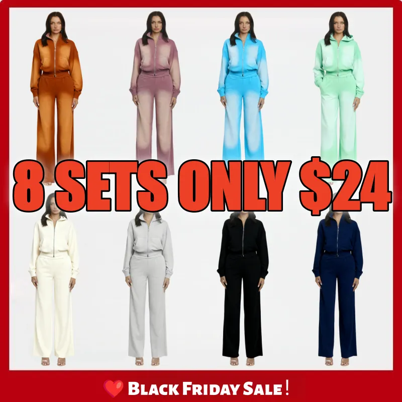 Ombre Zip - Up 2 Pieces Set Cropped -Sweatshirt & Wide - Leg Pants