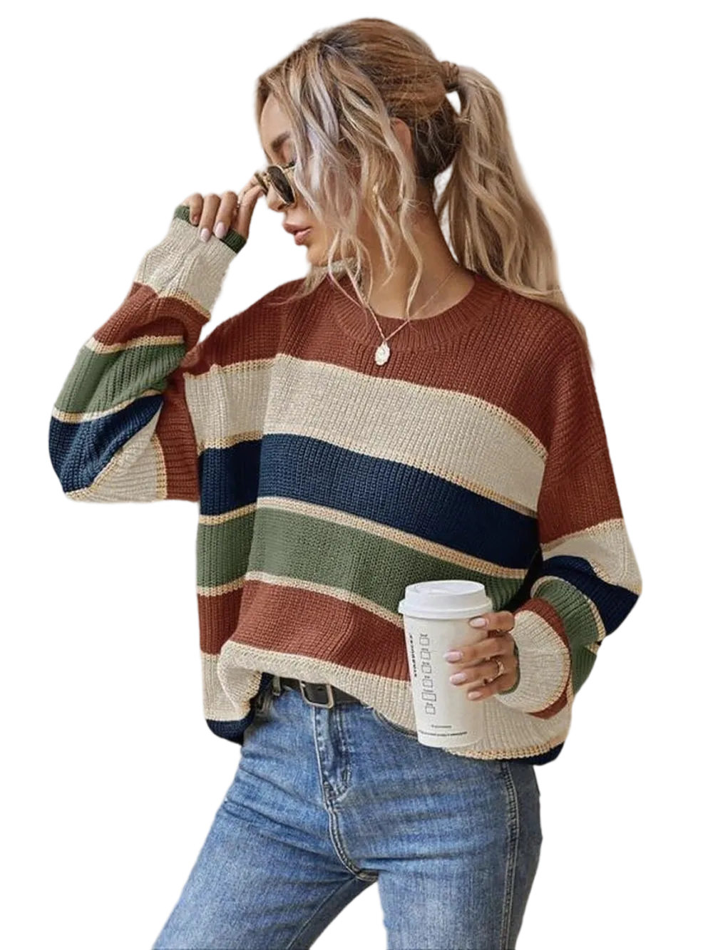 Women's Colorblock Striped Drop Shoulder Sweater