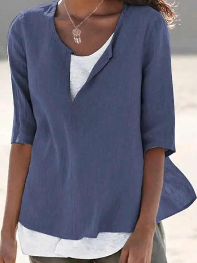 Women's Shirt Blouse Plain Black White Pink Half Sleeve Holiday Casual Beach V Neck Regular Fit