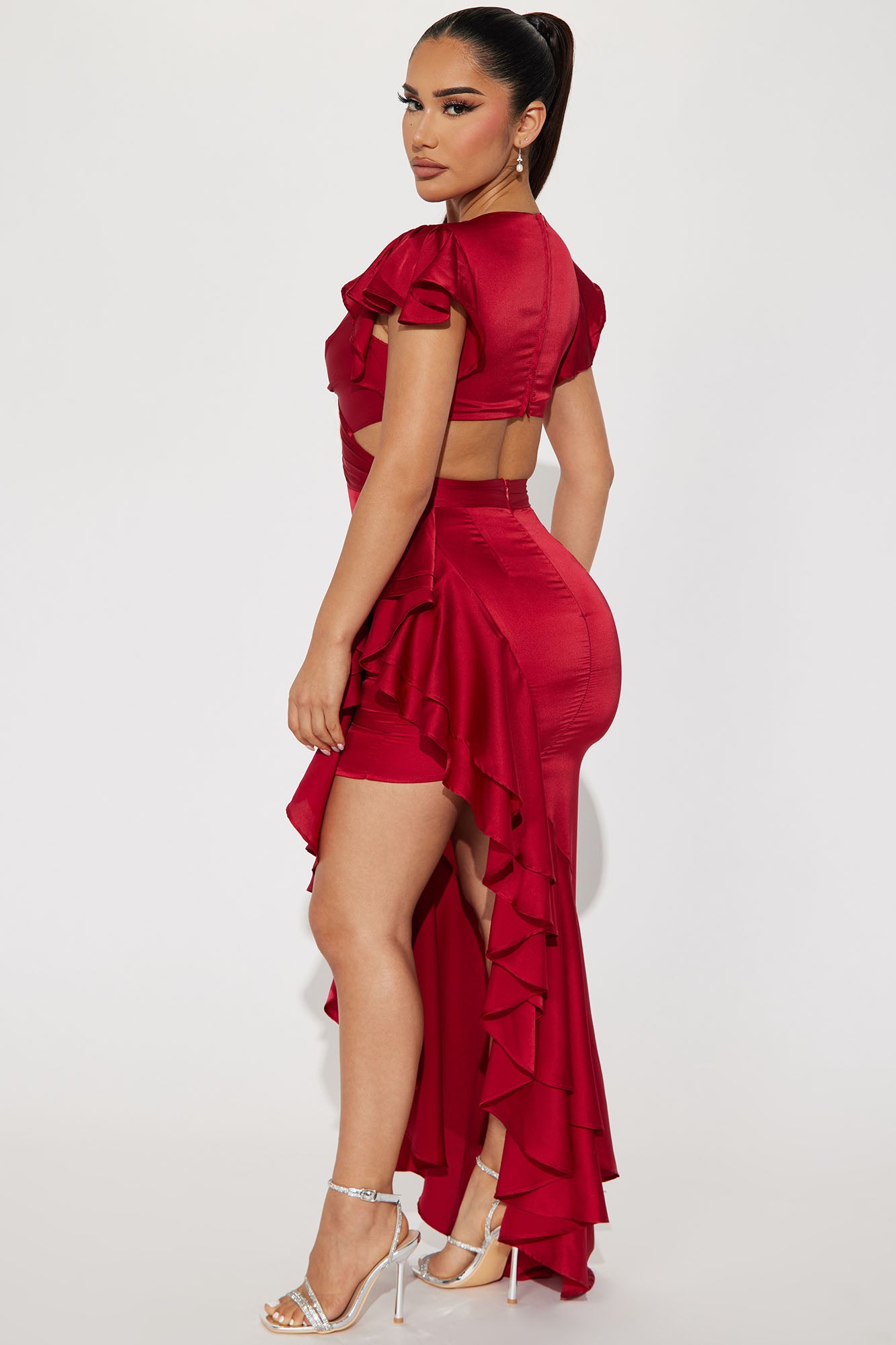 Carrie Satin Ruffle Maxi Dress - Red