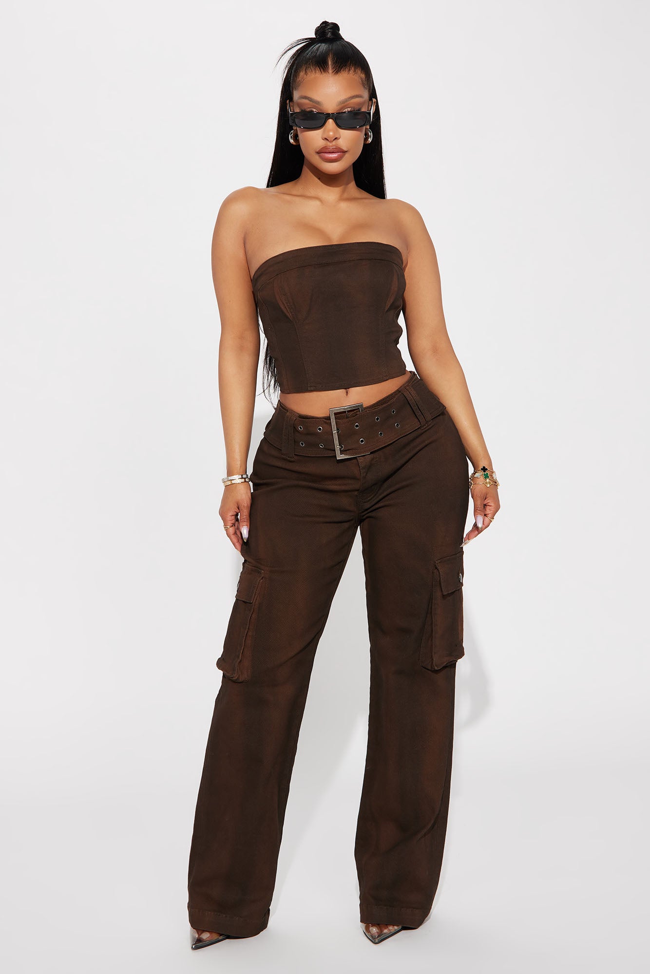 Jeanne Denim Washed Pant Set - Brown
