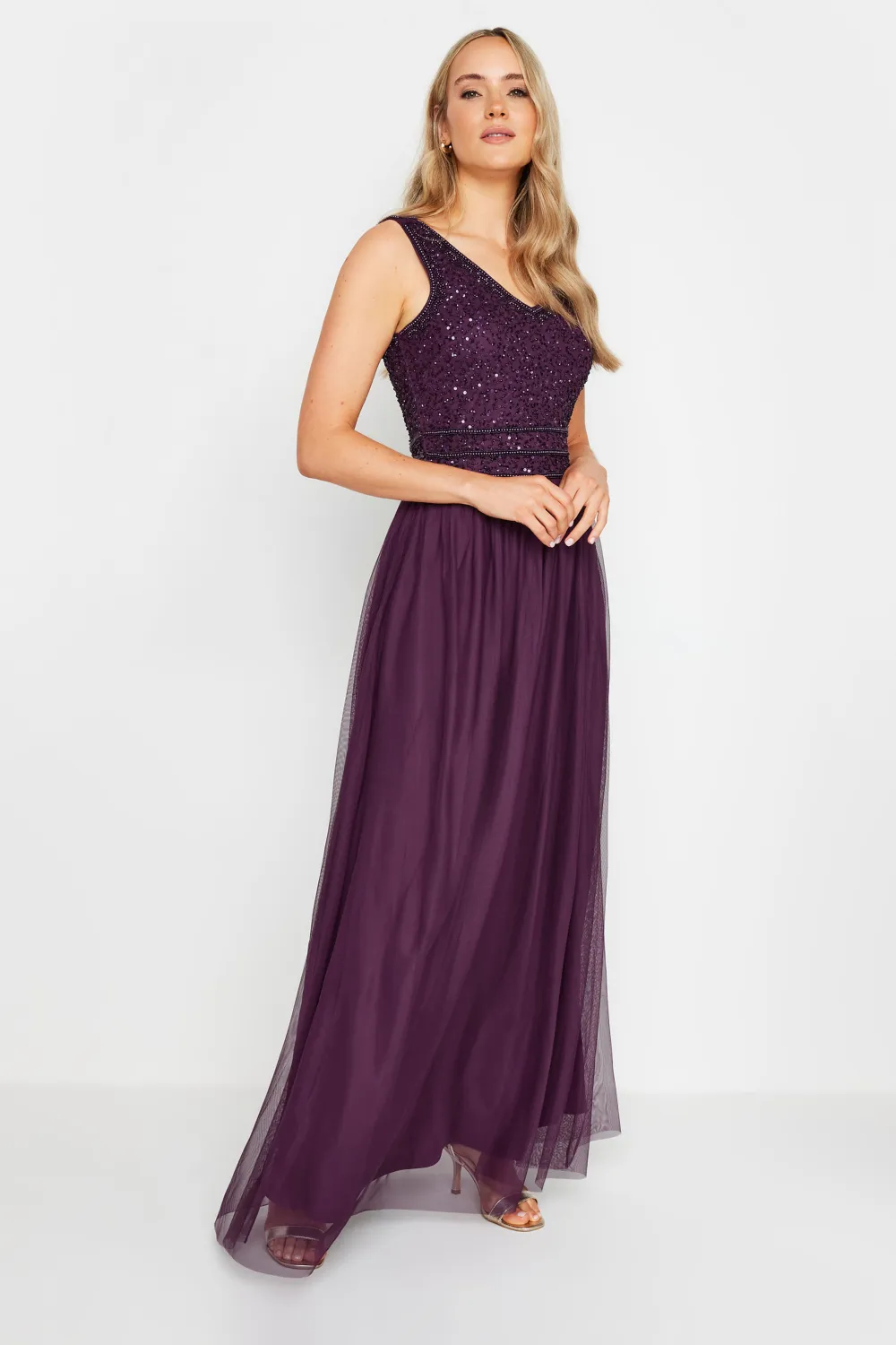 LTS Tall Blush Pink Sequin Hand Embellished Maxi Dress