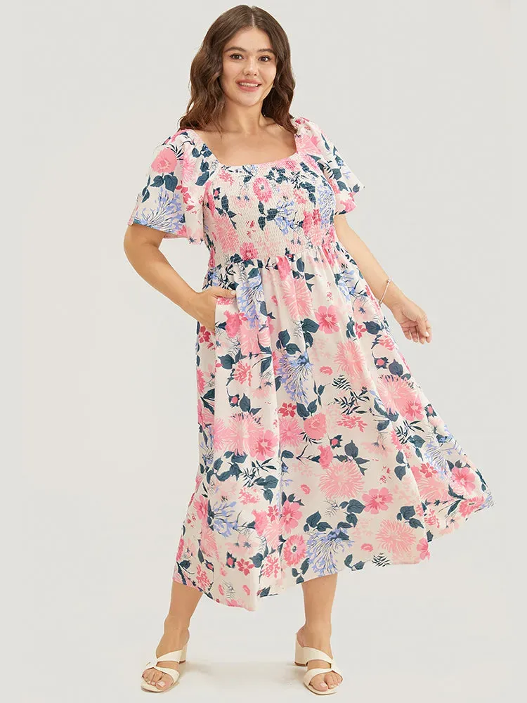 Floral Backless Shirred Square Neck Pocket Ruffle Hem Dress