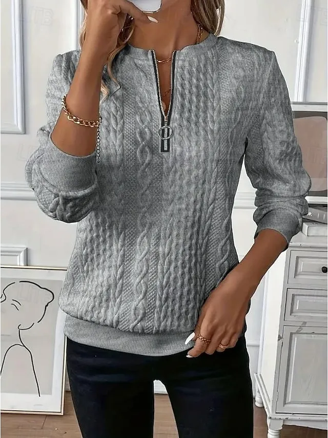 Women's Sweatshirt Plain Work Zipper Black White Pink Elegant Modern Loose Fit Crew Neck Long Sleeve Micro-elastic Spring Fall