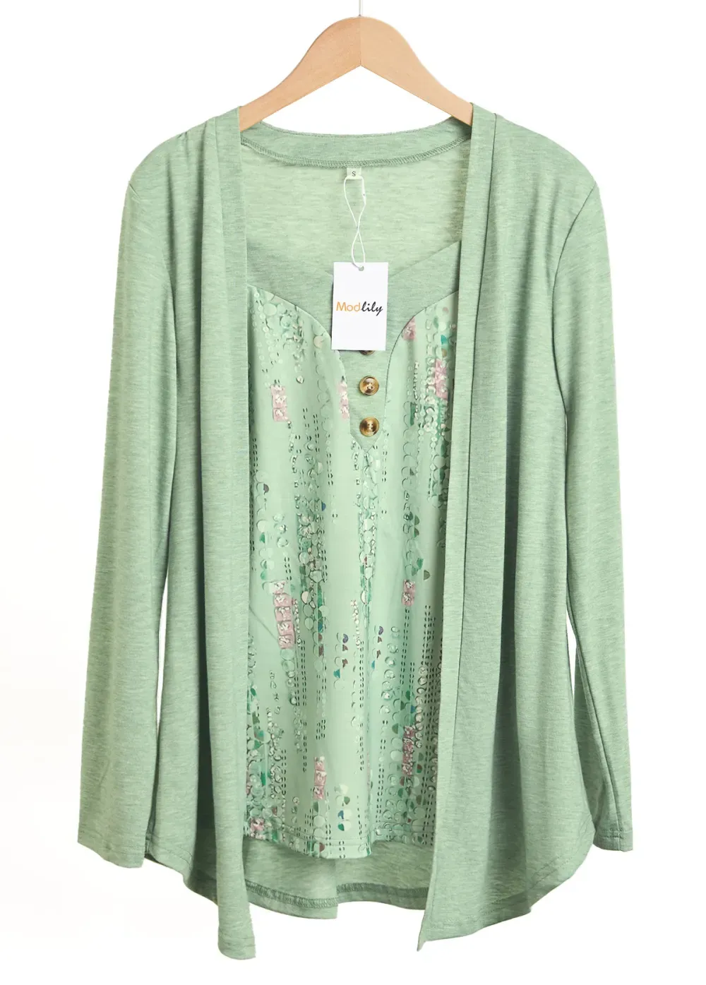 Light Green Button Geometric Print Fake Two Piece Twinset