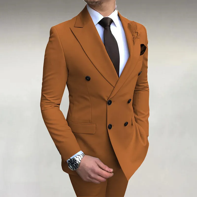 Men's Business Solid Double-Breasted Pocket Lapel Collar Lapel Blazer& Pants 2Pcs Set