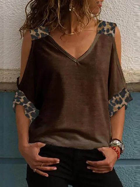 Leopard Print V-neck Cold Shoulder Tops