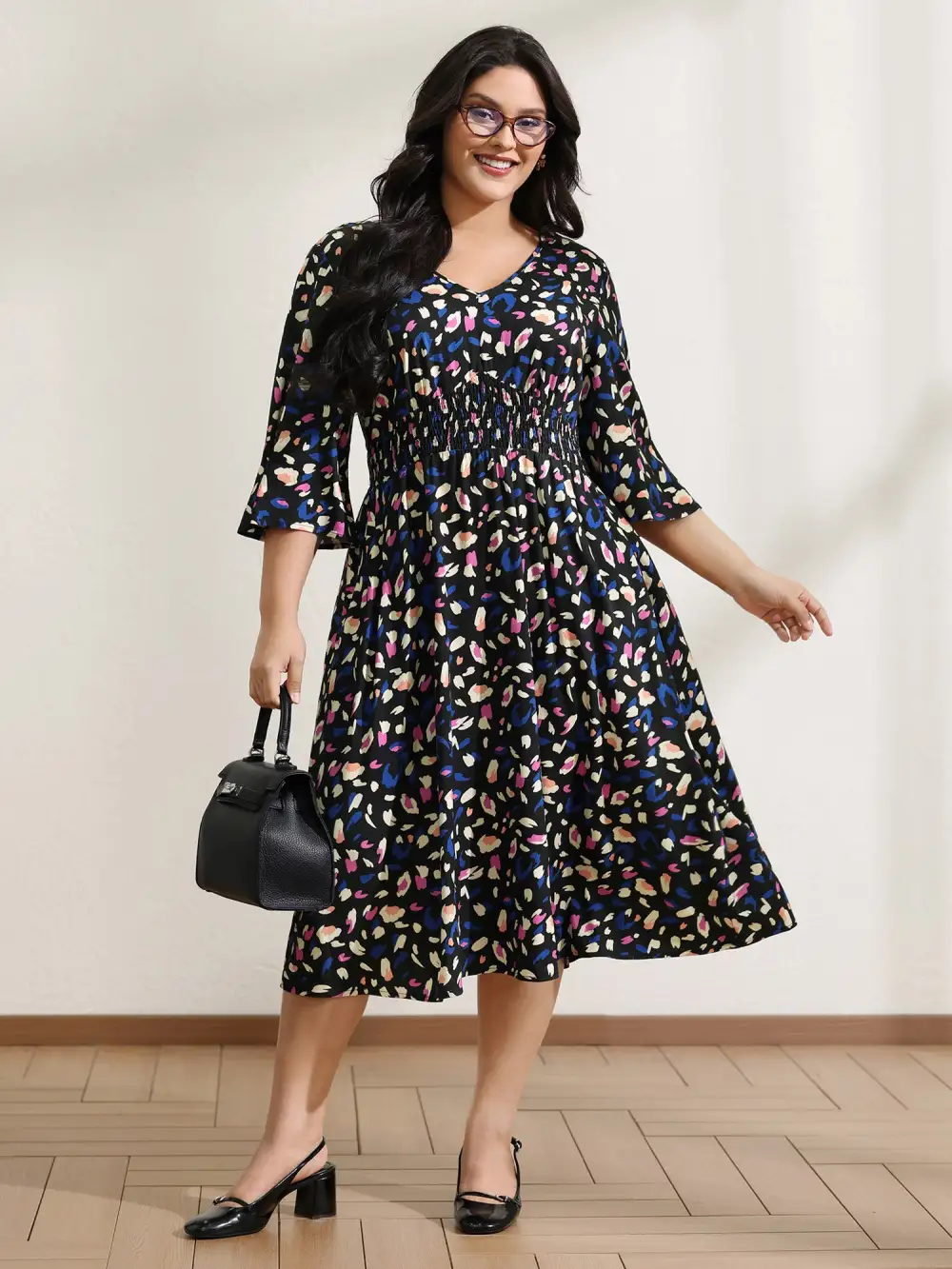 Leopard Print Shirred Waist V-Neck Midi Dress