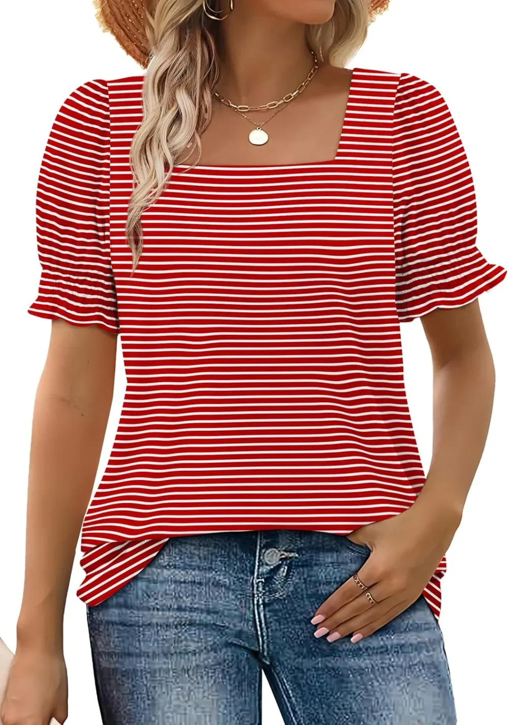 ✨Women's Square Neck  Smocked Sleeve T-Shirt Casual Top