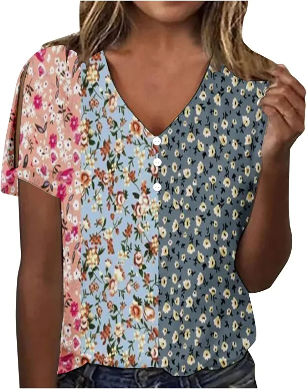 Womens Casual Summer T Shirts V Neck Short Sleeve Tunic Tops Loose Fit Polka Dot Loose Fit Tees 2023 Graphic Tees
