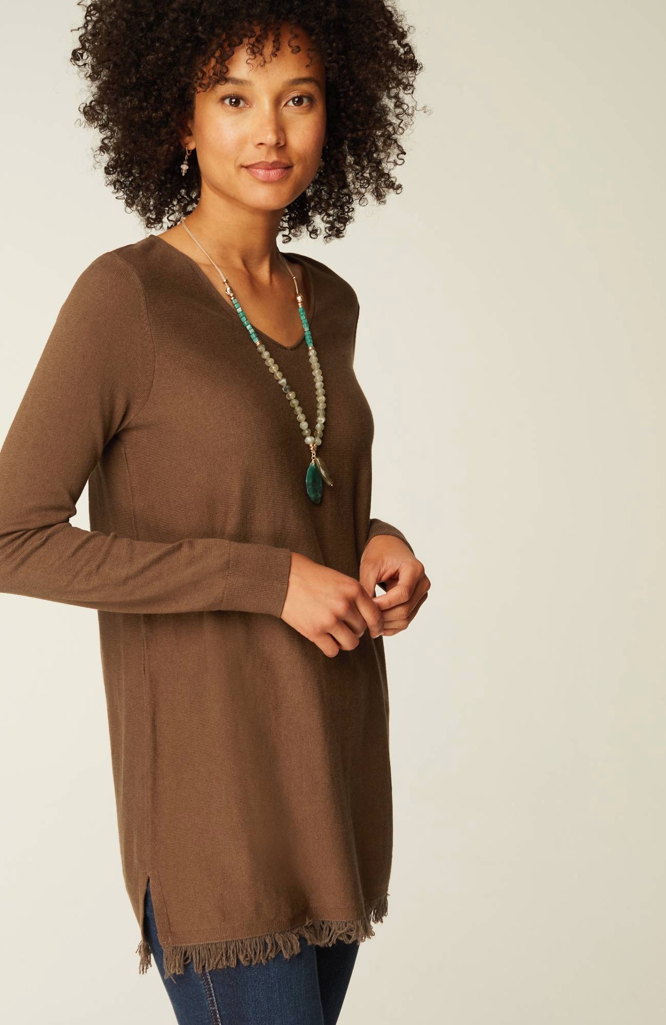 easy fringed-hem v-neck tunic
