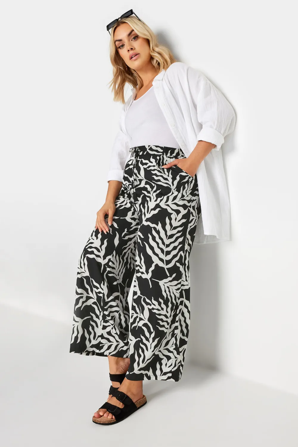 YOURS Curve Blue Abstract Print Drawstring Wide Leg Trousers