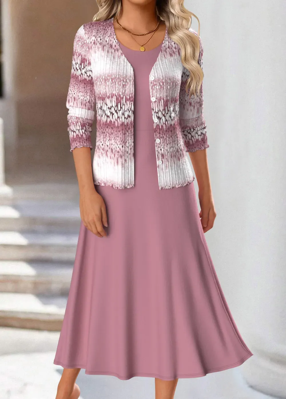 Pink Two Piece Ombre Long Sleeve Dress and Cardigan