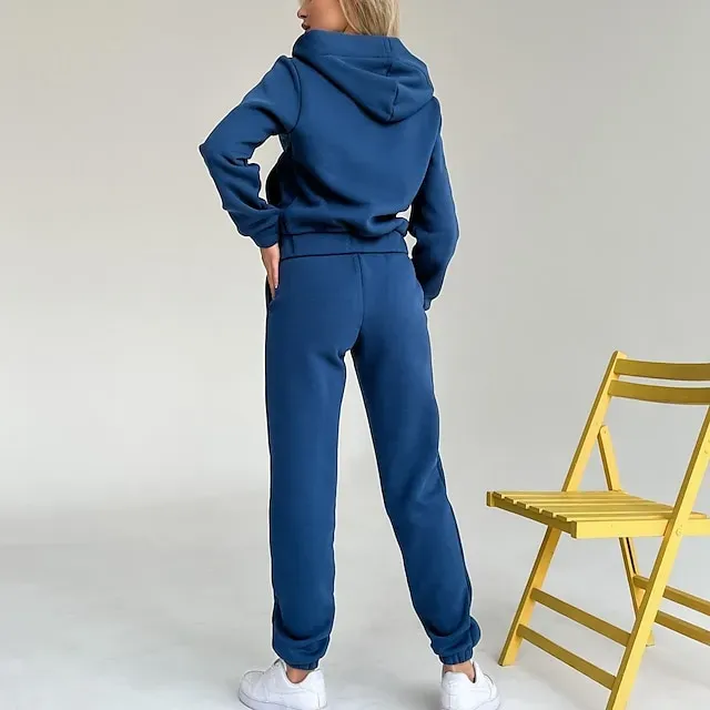 Women's Tracksuit Sweatsuit Pocket 2 Piece Solid Colored Hoodie and Pants Outfit Set Clothing Suit Fall Black White Jogging Training Exercise Thermal Warm Soft Moisture Wicking Long Sleeve Sport