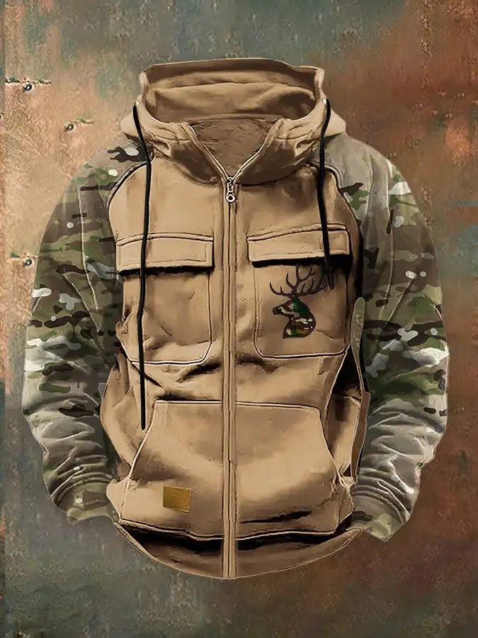 Men's Casual Retro Western Contrast Color Zipper Multifunctional Jacket