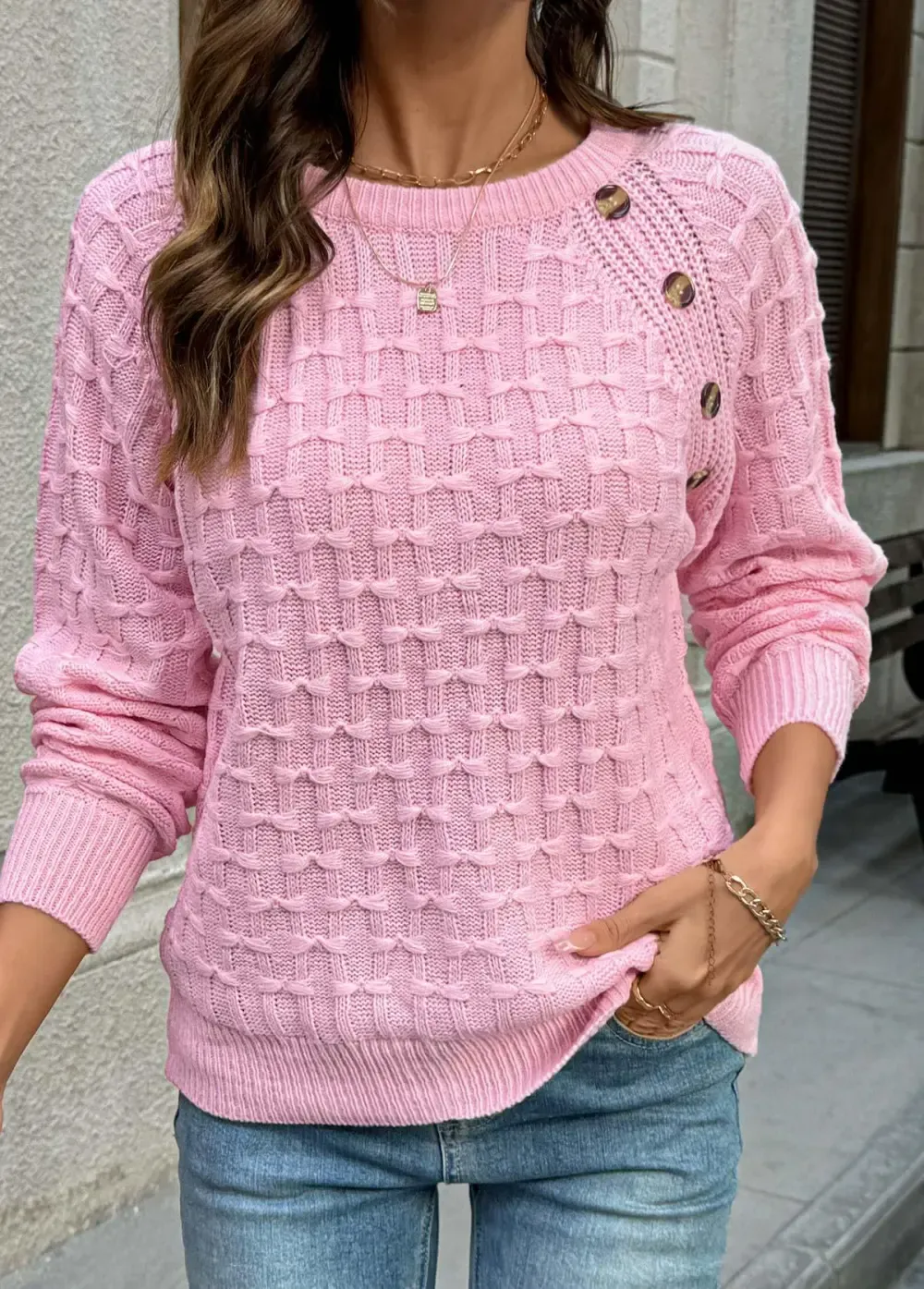 Pink Button Long Sleeve Round Neck Sweater