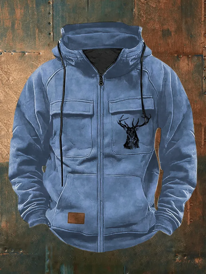 Men's Retro Western Elk Print Multi-Pocket Hooded Zip-Up Sweatshirt