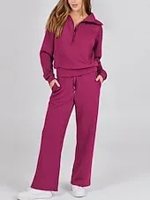 Women's Fashion Streetwear Pants Sets Bolero Top Long Sleeve Shirt Collar Solid Color Outdoor Work Casual Black Fuchsia Beige Fall Regular Fit