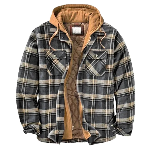 Men's Outdoor Quilted Plaid Fake Two-piece Hooded Jacket