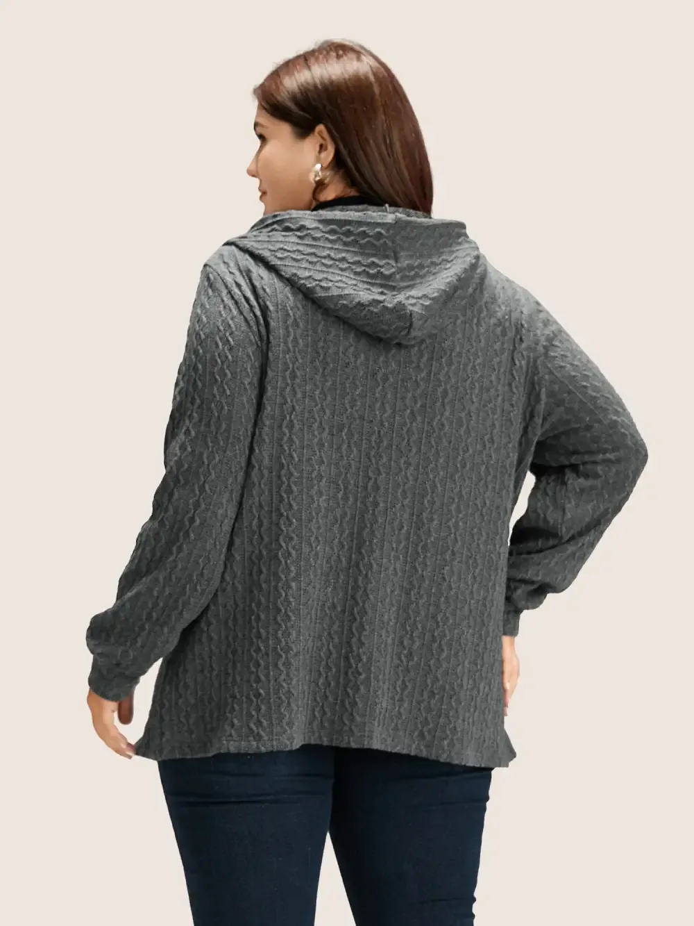 Plain Textured Zipper Hooded Sweatshirt