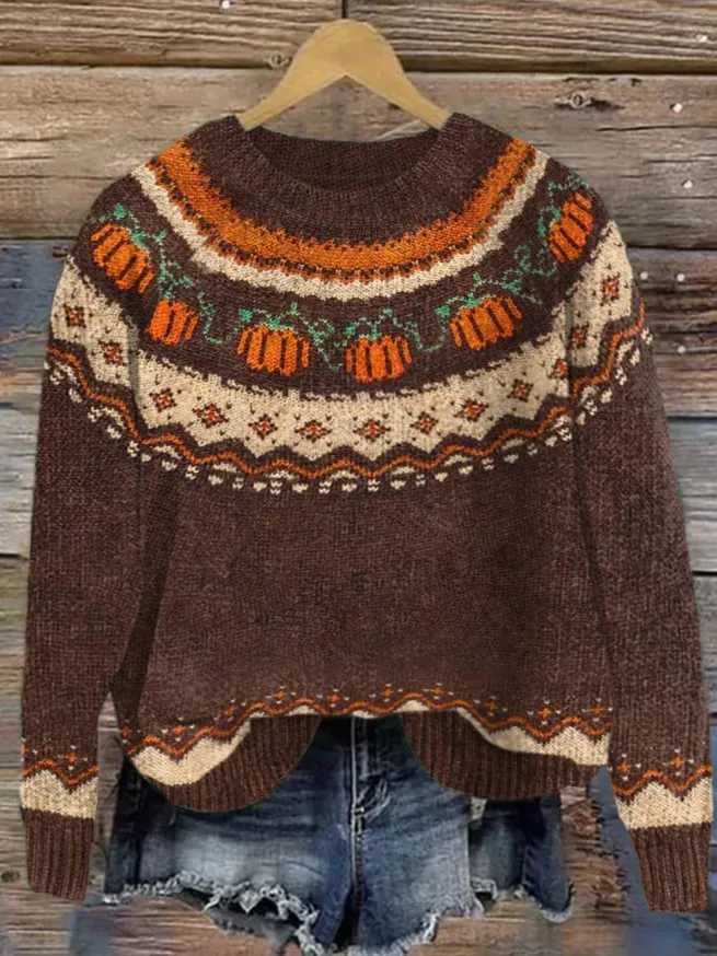 Women's The Cozy Pumpkin Casual Round Neck Print Knitted Sweater