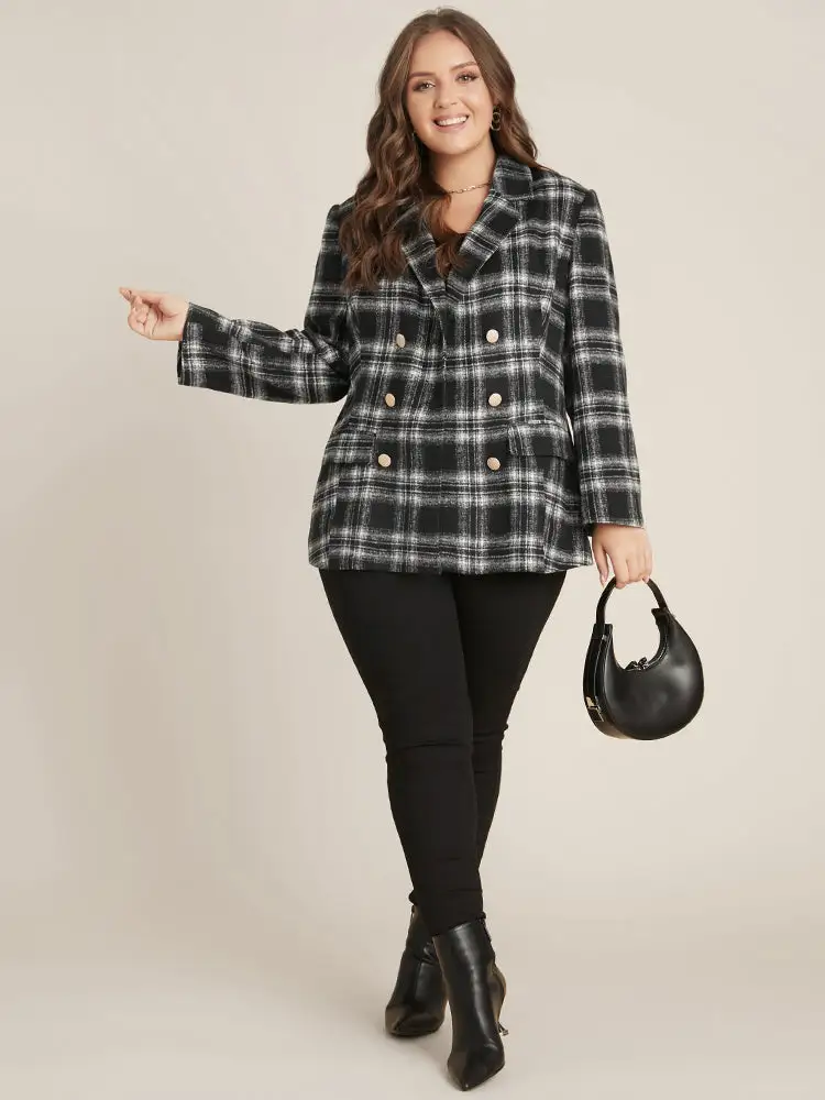 Plaid Flap Pocket Button Up Suit Collar Blazer