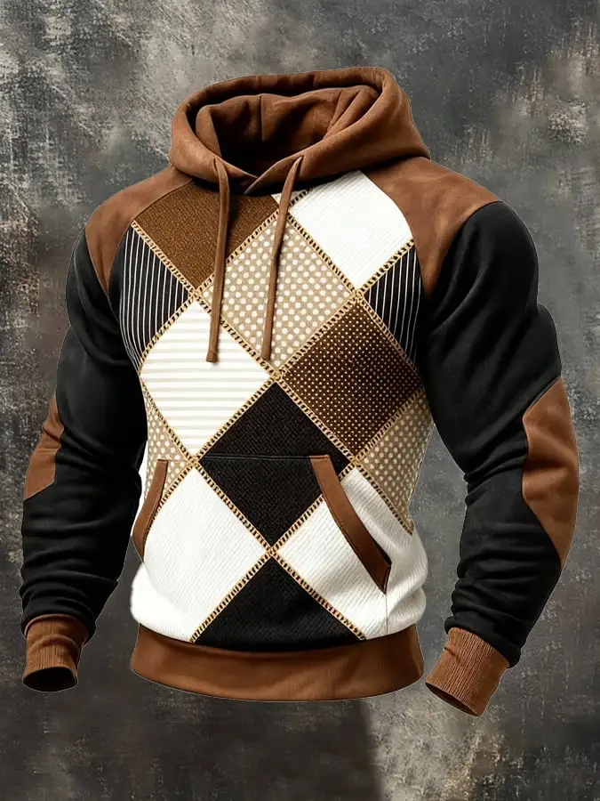 Men's Retro Distressed Color Block Print Casual Long Sleeve Sweatshirt