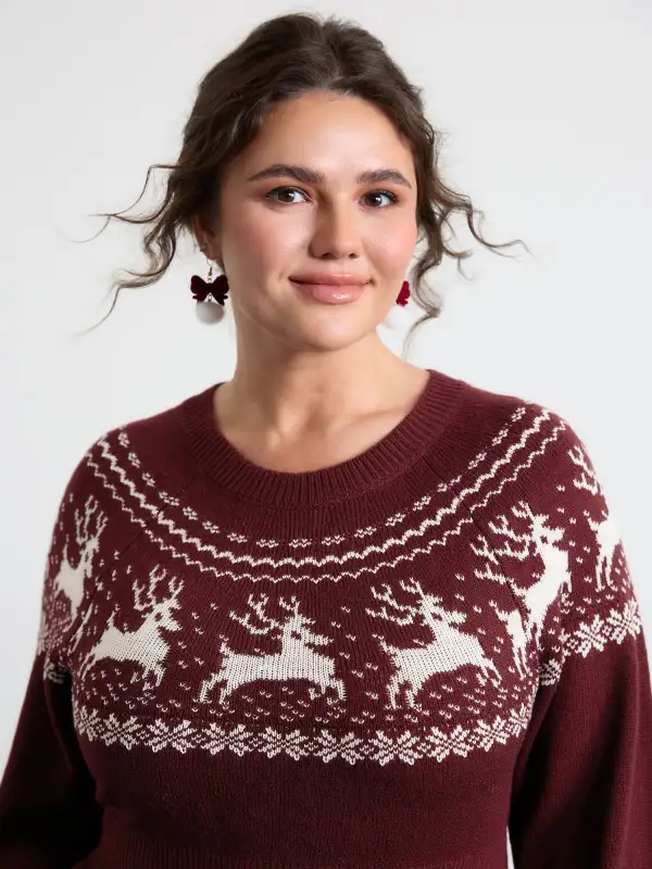 Reindeer Print Cinched-Waist Sweater Midi Dress