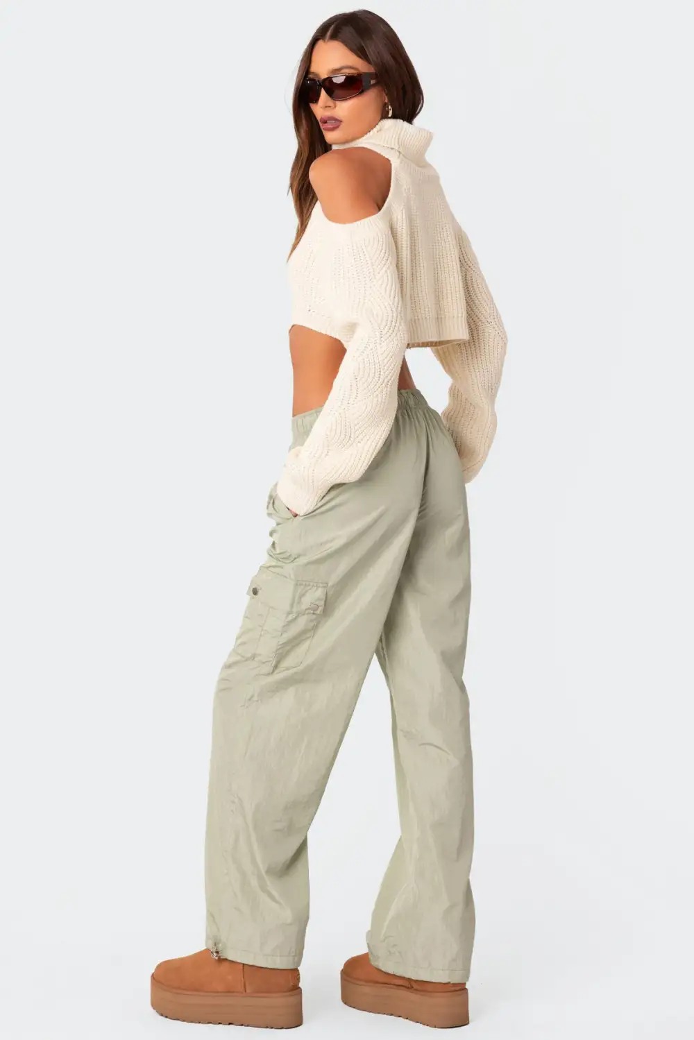 Asymmetric Cropped Open Shoulder Turtle Neck Sweater