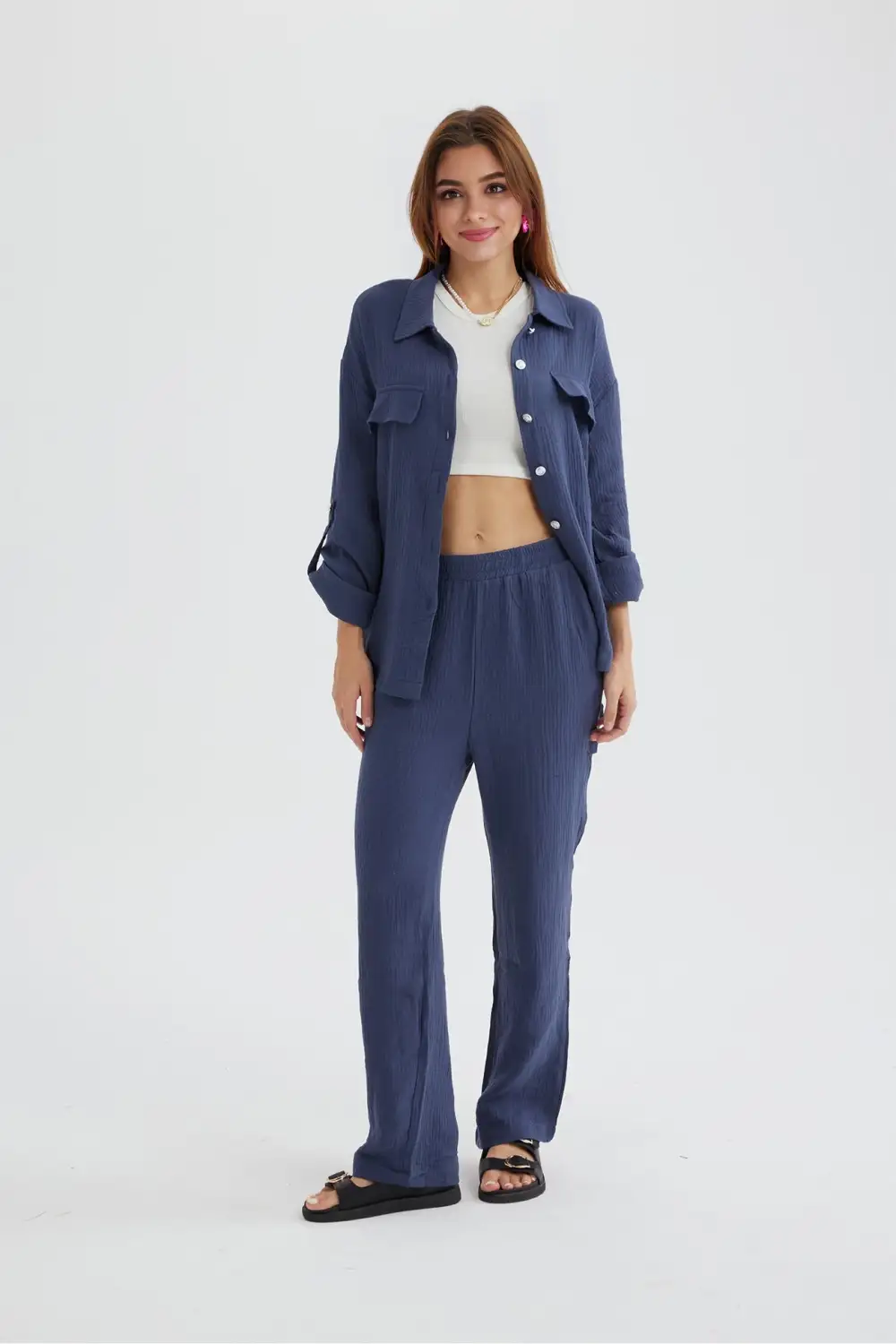 Long Sleeve Pocketed Slit Shirt Long Pants Suits