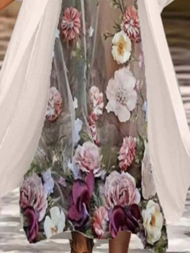 Women's Dress Set Two Piece Dress Chiffon Dress Midi Dress Beige 3/4 Length Sleeve Floral Chiffon Fall Winter Autumn Crew Neck Stylish Loose Fit 2023 M L XL XXL 3XL 4XL 5XL