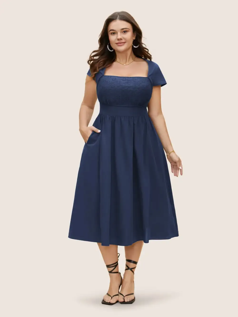 Solid Broderie Anglaise Shirred Tucked Seam Dress