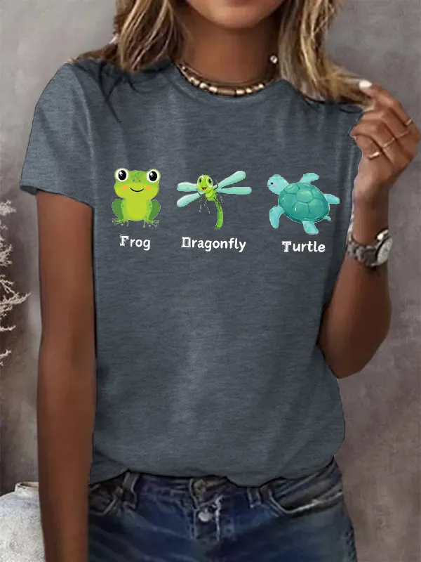 Women'S T-Shirt Women'S Frog Dragonfly Turtle Print Round Neck T-Shirt