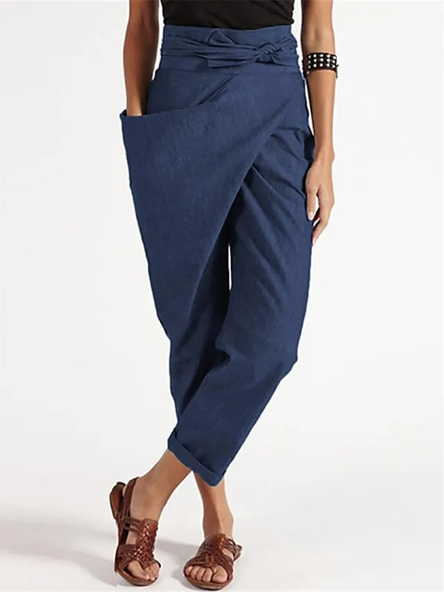 Women's Cotton Loungewear Pants High Waist Irregular Lace-Up Cropped Pants Solid Fashion Simple Casual Cotton Breathable with One Side Pockets Summer Spring Black Navy Blue